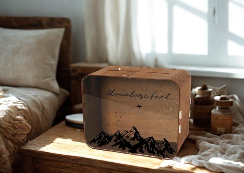 Adventure Fund Savings Box – Wooden Travel Fund, Vacation Money Bank, Mountain Design, Wanderlust Gift